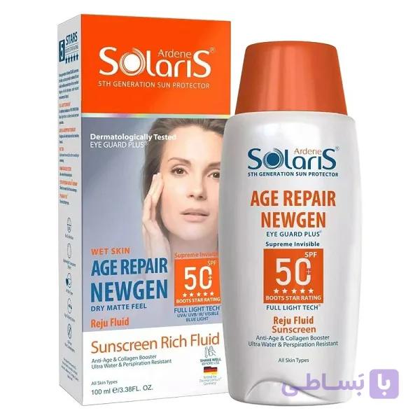 لوسیون ضد آفتاب بی رنگ آردن سولاریس SPF50 مدل Age Repair Newgen مناسب انواع پوست، ضد آب، 100 میل — تصویر 1
