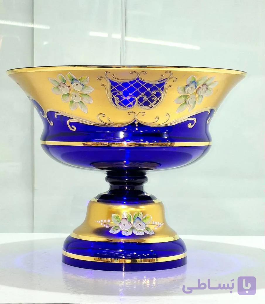 میوه خوری سایز بزرگ کریستال طلاکوب با گل برجسته اگرمن (آبی کاربنی)