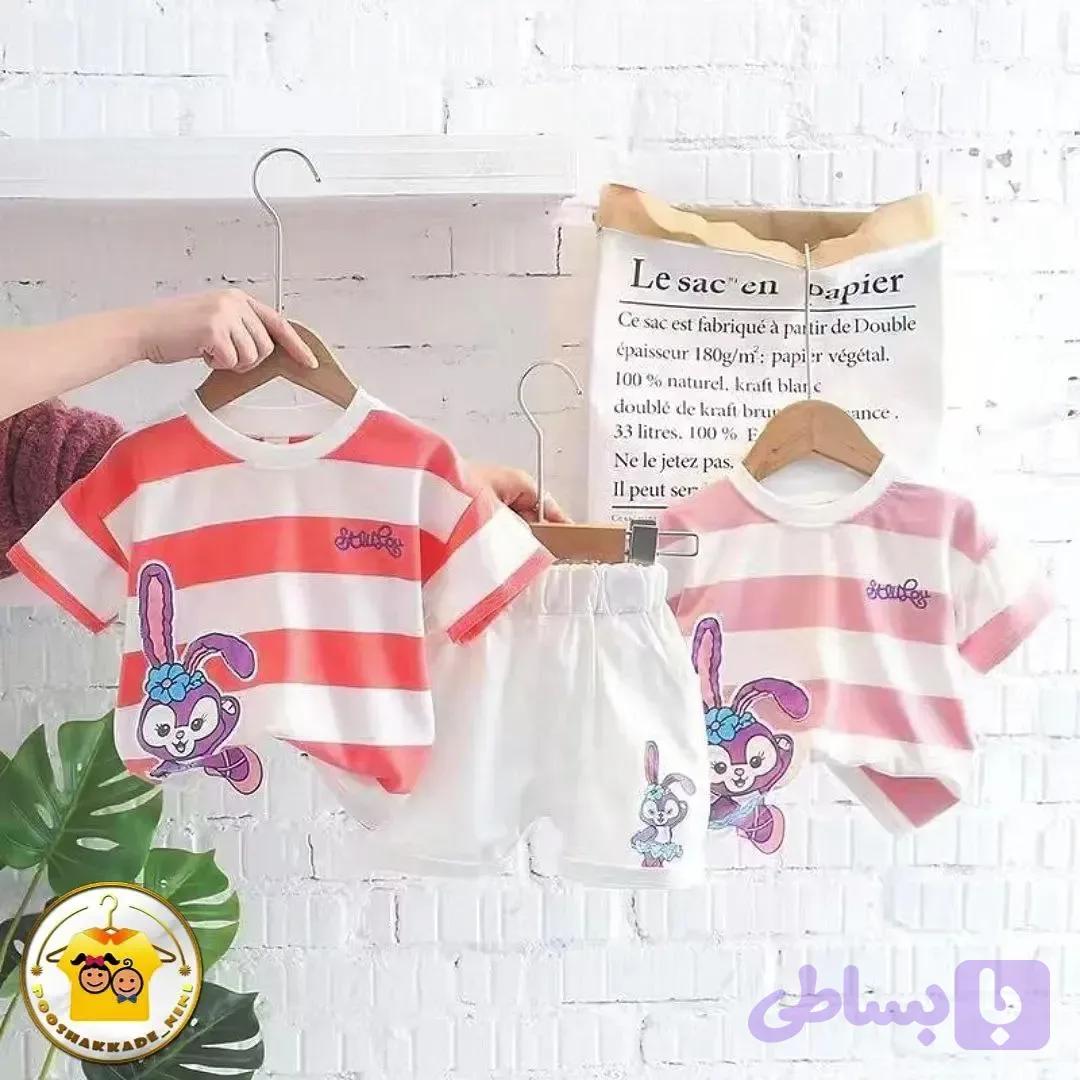 ست تیشرت و شلوارک بچگانه طرح خرگوشی نخ پنبه و کتان مناسب 1 تا 5 سال