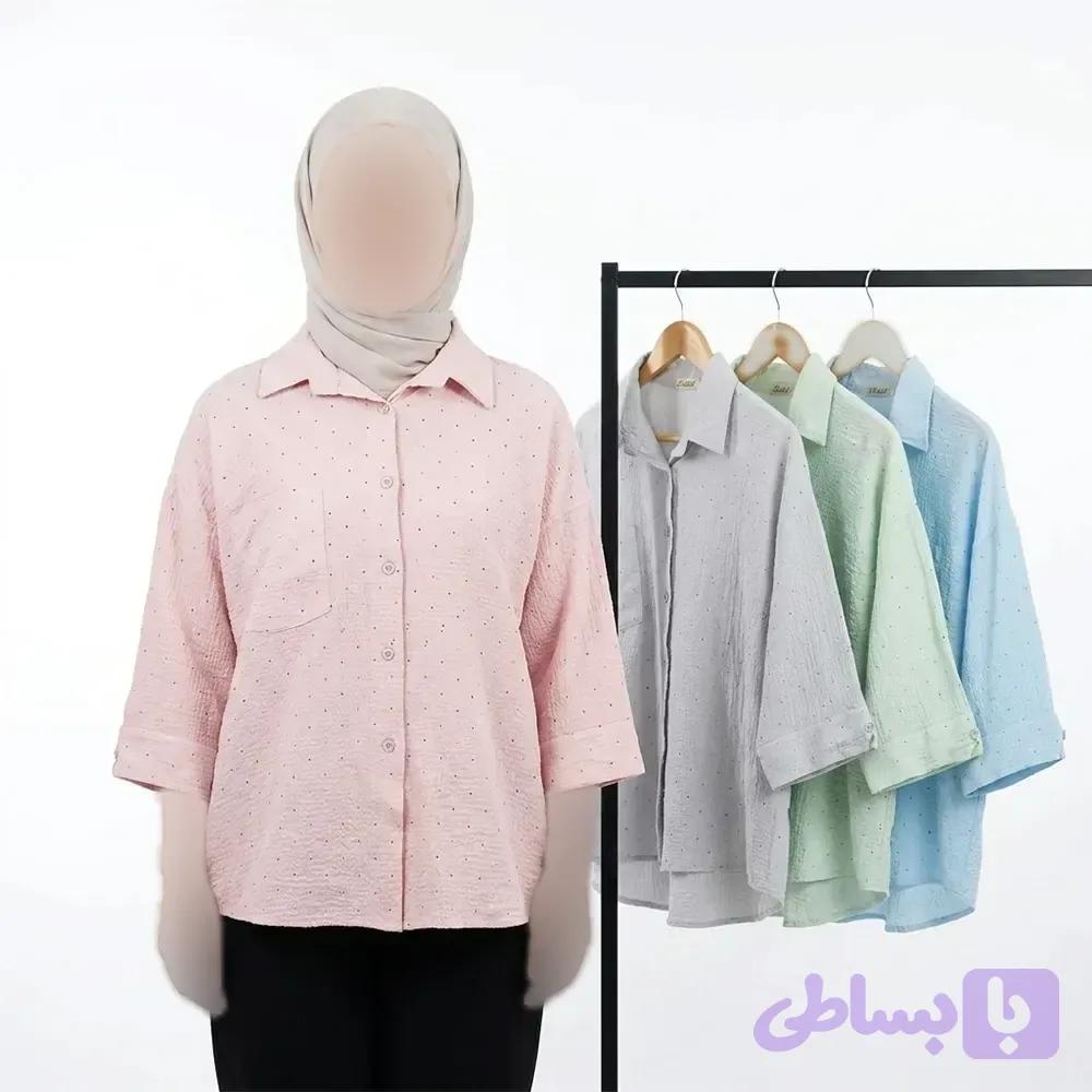 شومیز زنانه نگینی آستین سه ربع جنس پفکی تک سایز