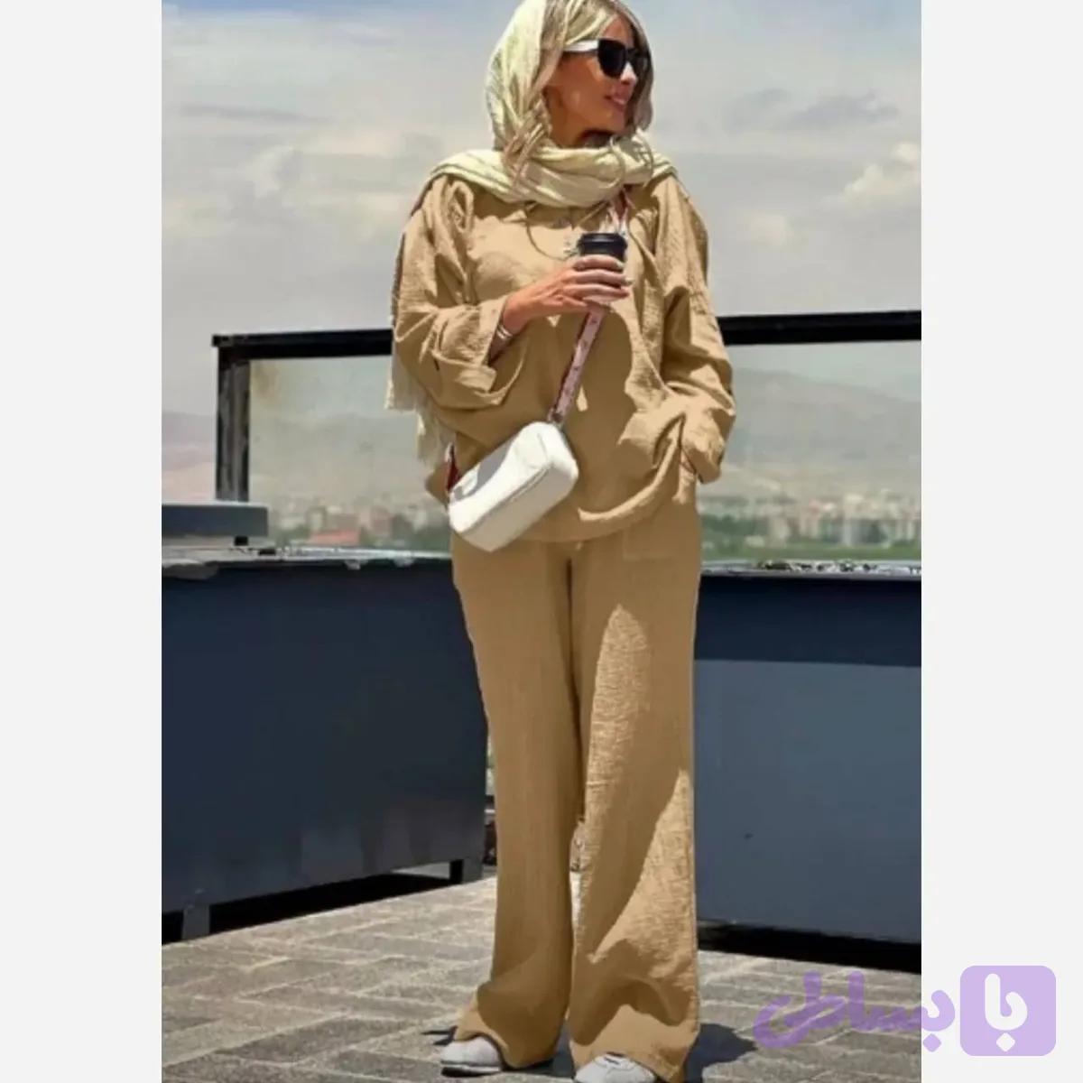 ست شومیز و شلوار شانتون زنانه آستین پاکتی فروغ
