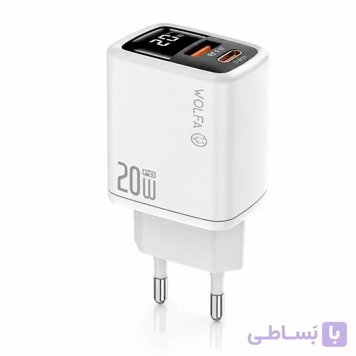 شارژر ۲۰ وات WOLFA دو پورت USB-C و USB-A با نمایشگر LED | مدل W.Hch01