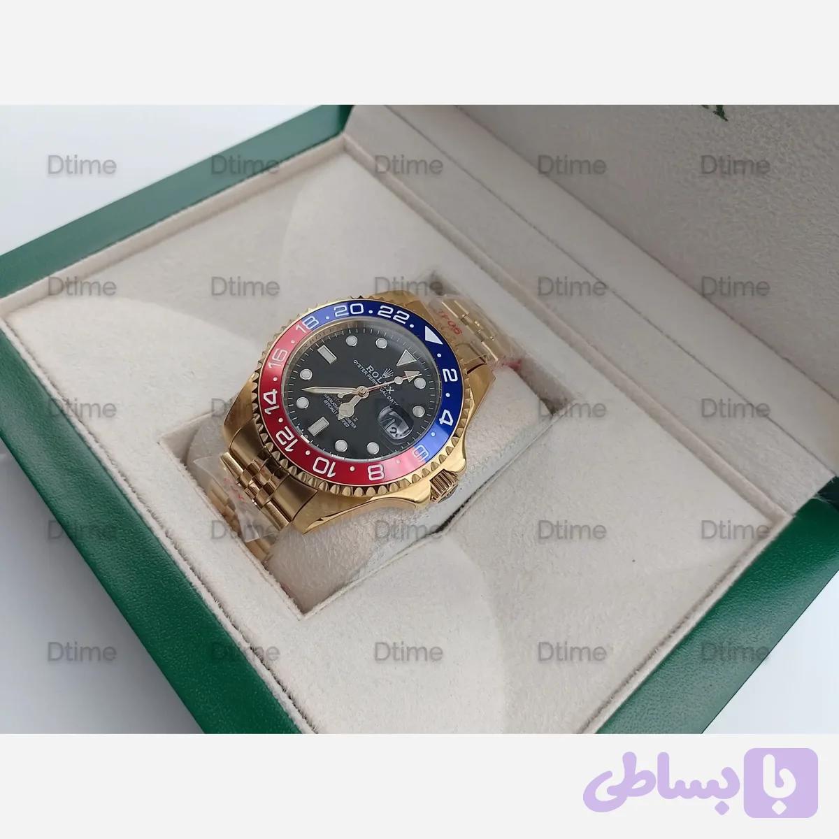 ساعت مچی مردانه رولکس مدل GMT طلایی صفحه مشکی با بند استیل و موتور ژاپن