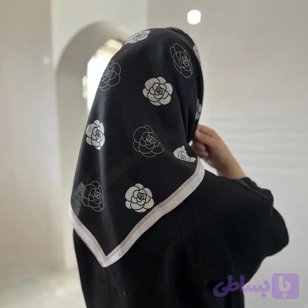مینی اسکارف نخ دخترانه طرح گل دار رنگ مشکی