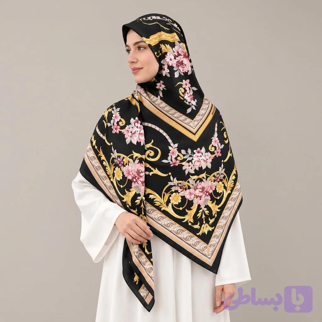روسری ابریشم ساتن گل آرا — تصویر 1