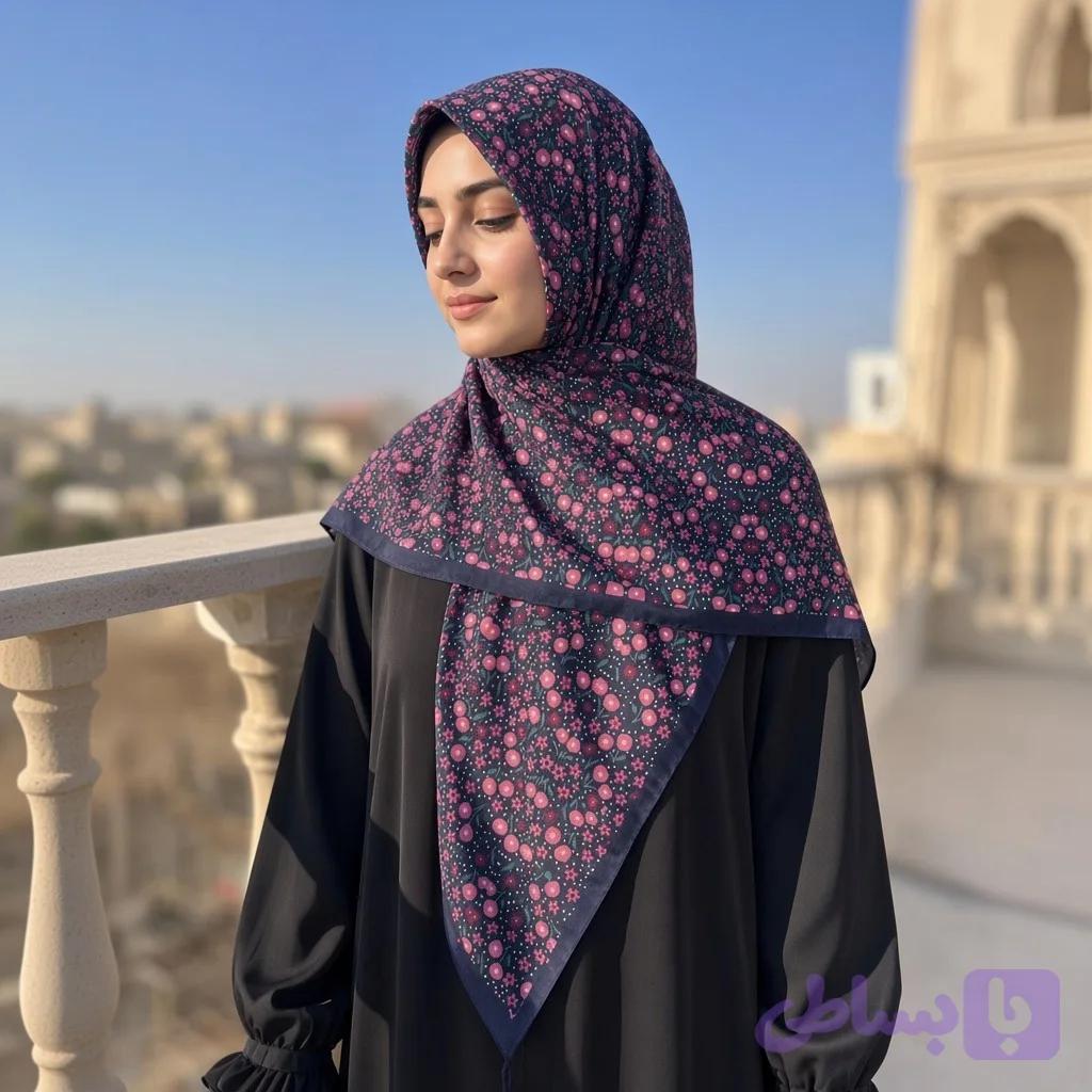 روسری نخی زنانه طرح گل صورتی بنفش