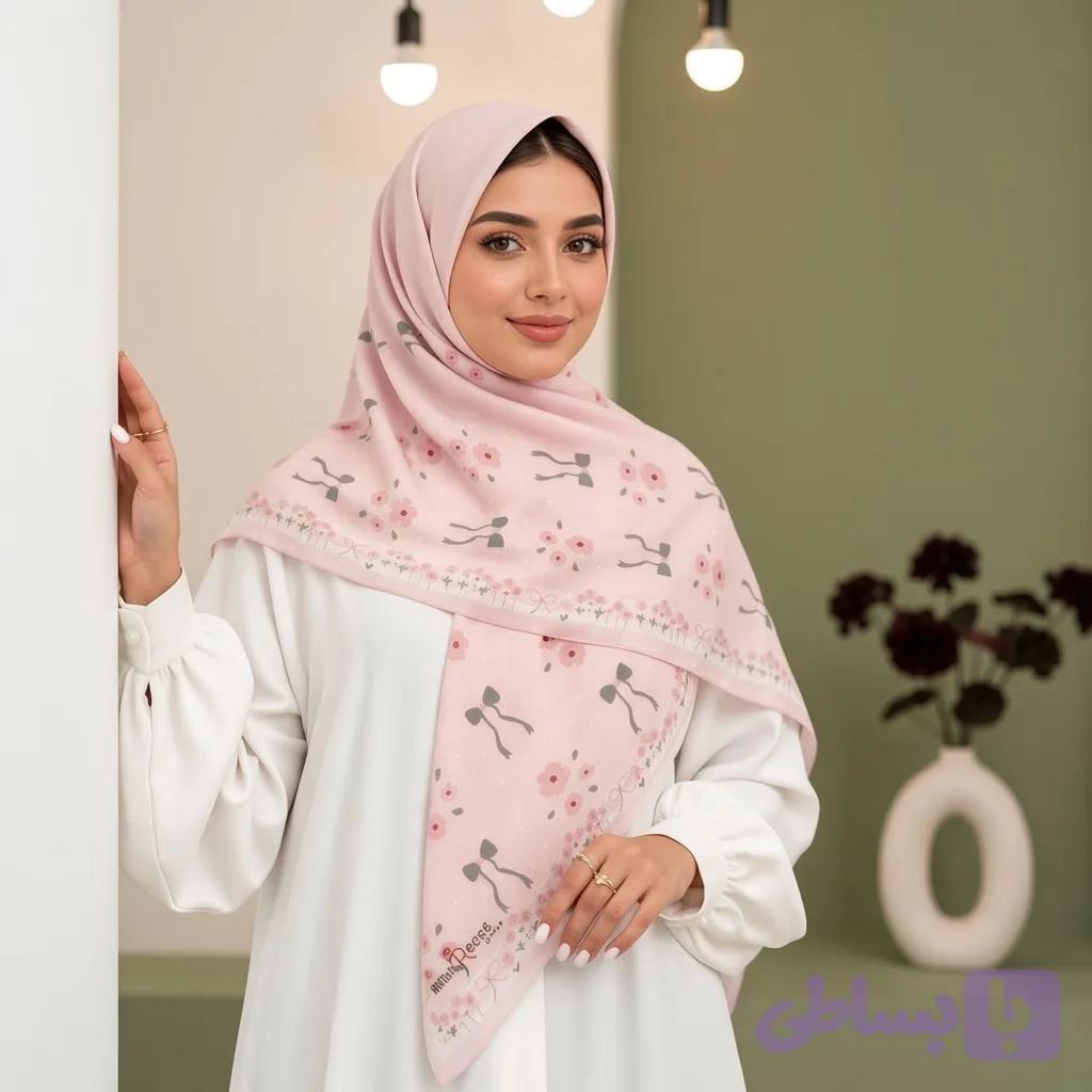 روسری نخی زنانه طرح گل و پاپیون صورتی
