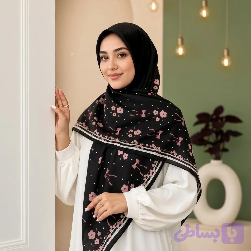 روسری نخی زنانه طرح گل و پاپیون مشکی