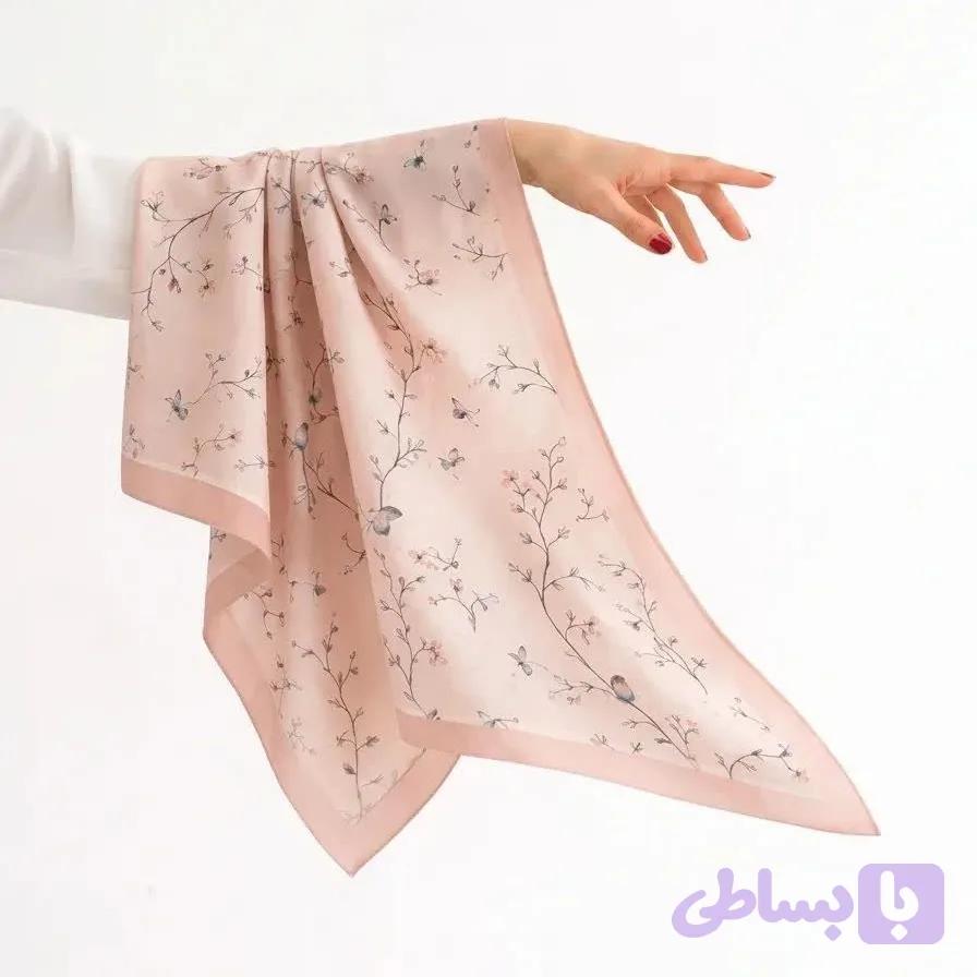 روسری کرپ نخ دخترانه طرح شکوفه صورتی — تصویر 1