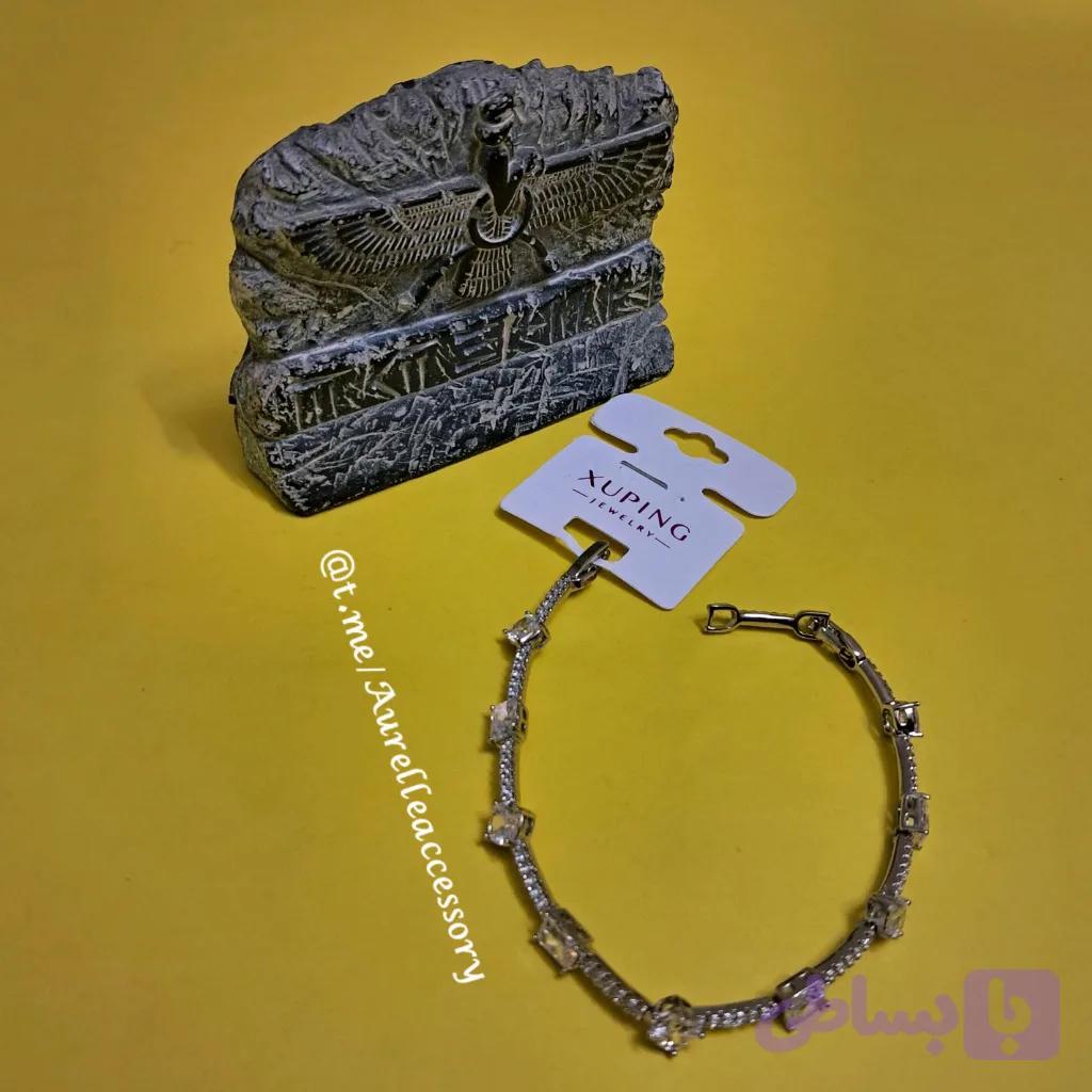 دستبند نقره‌ای ژوپینگ طرح جواهری با نگین‌های باگت درخشان (ضد حساسیت و رنگ ثابت) — تصویر 1