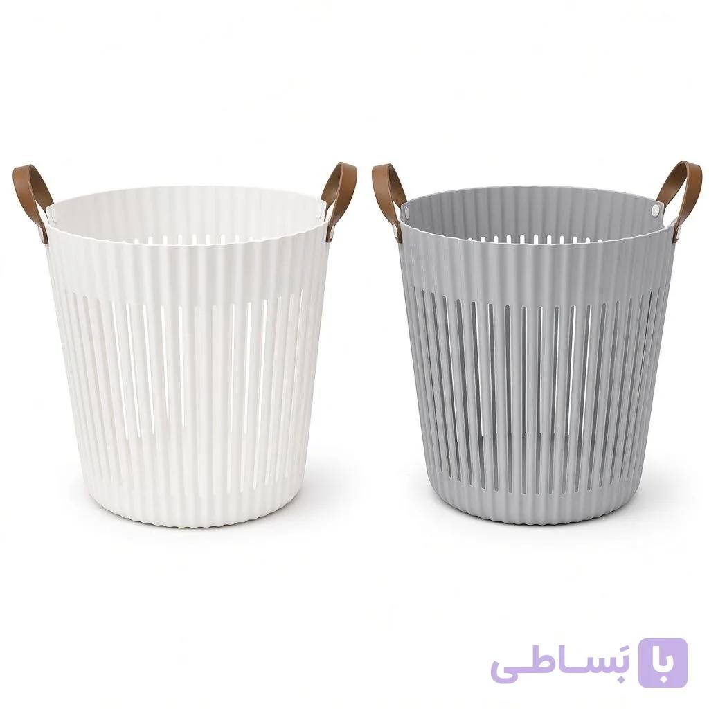 سبد لباس و نظم‌دهنده مدرن با طراحی شیاردار و دستگیره چرمی