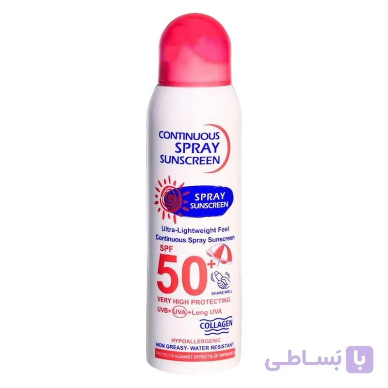 اسپری ضد آفتاب بی‌رنگ وکالی، SPF 50، مدل 001، مناسب انواع پوست چرب با حجم 235 میلی‌لیتر، محافظت‌کننده در برابر اشعه‌های UVA و UVB، ضد آب و مرطوب‌کننده، روشن‌کننده، ضد لک و پیری، دارای فرمولاسیون فاقد چربی، کلاژن، ویتامین‌های C و E، با ماندگاری 2 ساعته