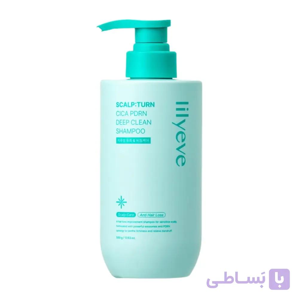 شامپو جوانساز و ترمیم کننده و پاک‌کننده عمیق پوست سر لیلیوئه  Shampoo Lilyeve Scalp:Turn Cica PDRN Deep Clean 500 g