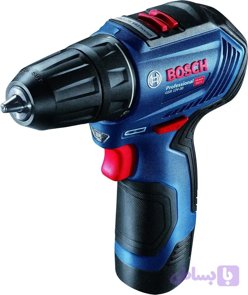 پیچکوشتی شارژی براشلس بوش مدل GSR12v-30 brushless همراه ۲ عدد باتری و شارژر ساخت مالزی