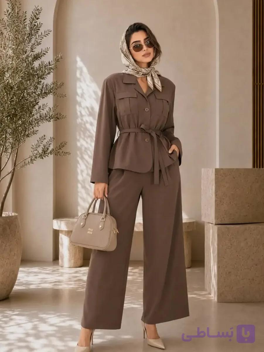 مانتو کتی کمربنددار و شلوار نیمبگ زنانه