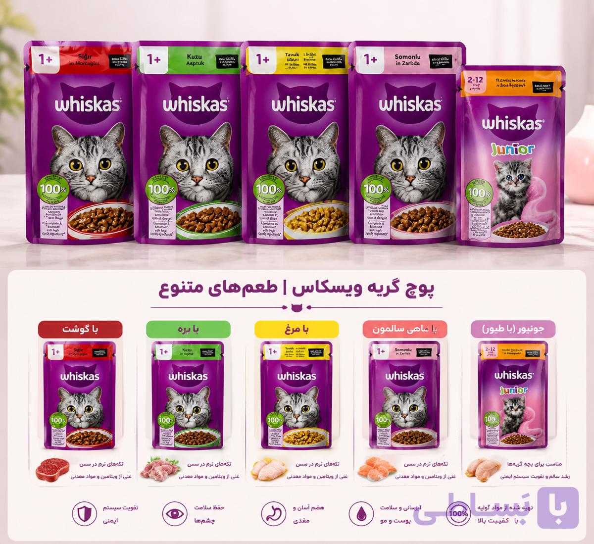 پوچ گربه ویسکاس (Whiskas) – طعم‌های متنوع — تصویر 1