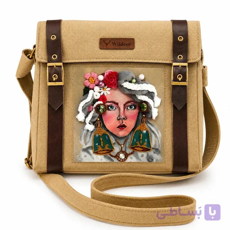 کیف دوشی فیروزه دست‌ساز با نقاشی هنری و تزئینات خاص — تصویر 1