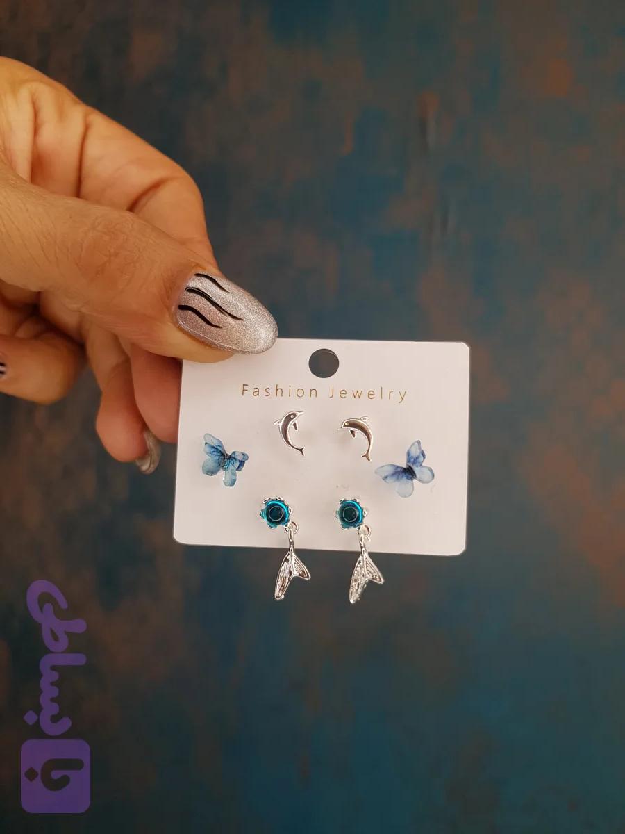 گوشواره پکی هر پک ۳عدد گوشواره جنس میخ نقره