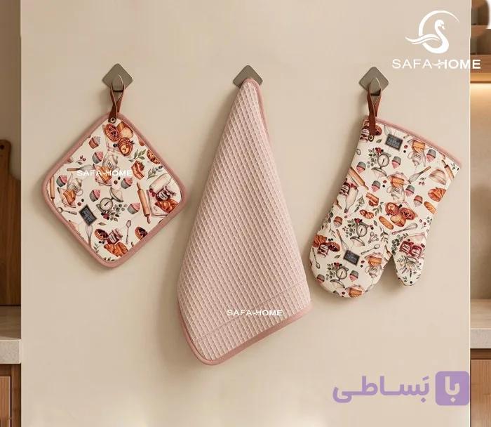 ست 3‌ تکه دستمال‌نظافت، دستکش و دستگیره آشپزخانه طرحدار — تصویر 1