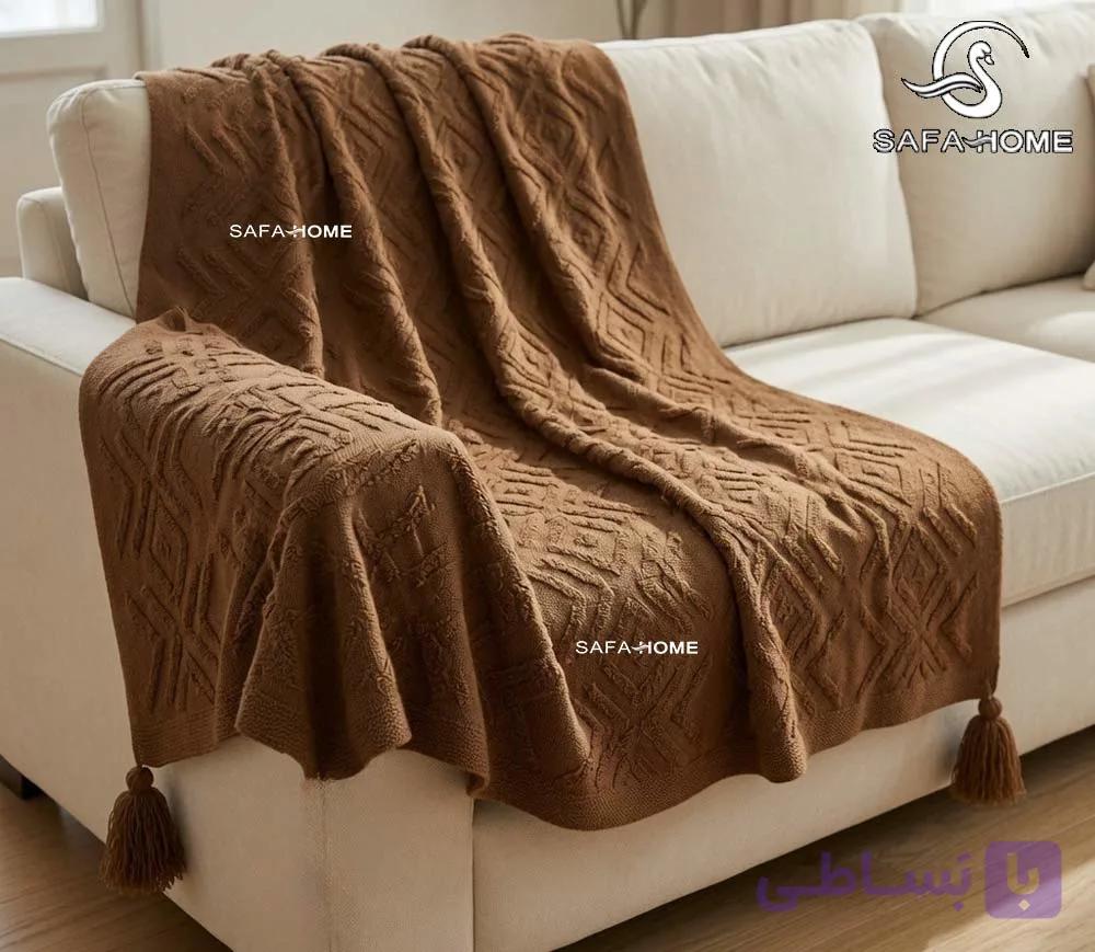شال مبل 3 متری طرح پانچ قهوه ای شتری — تصویر 1