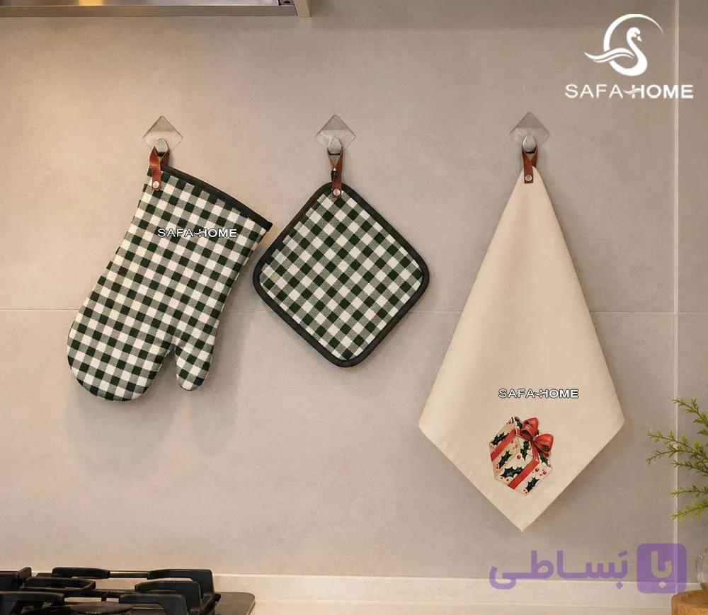ست دستگیره، دستکش فر و دستمال نظافت آشپزخانه طرح چهارخانه — تصویر 1