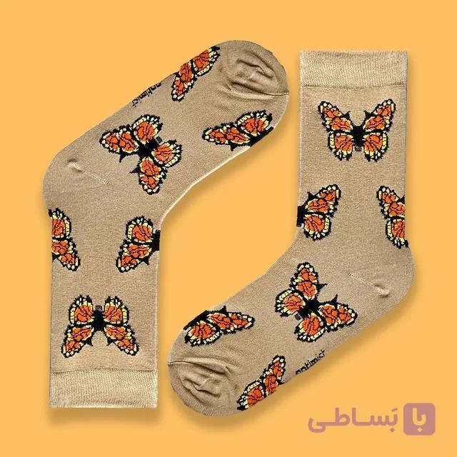جوراب ساق دار برند اپتیمیست طرح پروانه رنگ زمینه کرم
