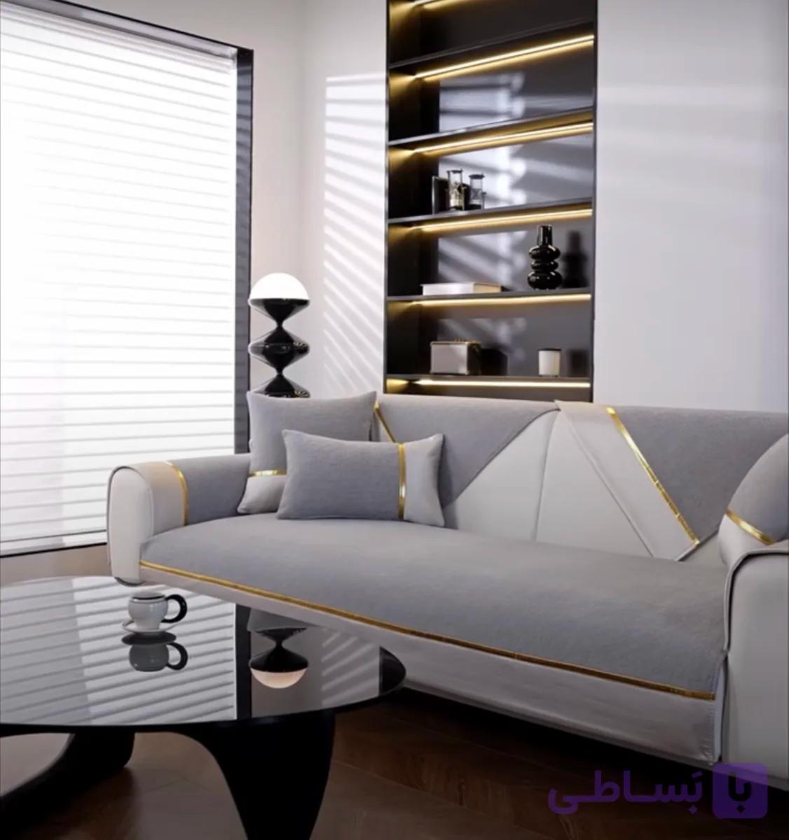 کاور و روانداز مبل مخمل طوسی سفید مدل گلدلاین