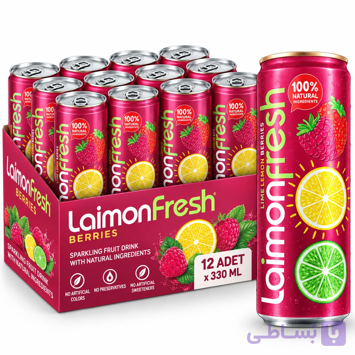 باکس ۱۲ عددی نوشیدنی گازدار Laimon Fresh Berries حجم 330 میلی‌لیتر