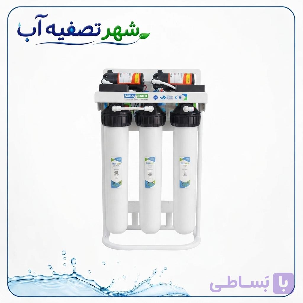 دستگاه تصفیه آب نیمه‌صنعتی ۴۰۰ گالن (۱۵۰۰ لیتر) کم‌صدا با دو پمپ دیافراگمی فلومکس تایوان و مخزن 76 لیتری — تصویر 1