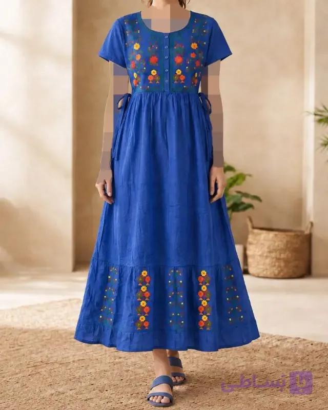 پیراهن زنانه گلدوزی آستین کوتاه هندی SH7636 — تصویر 1