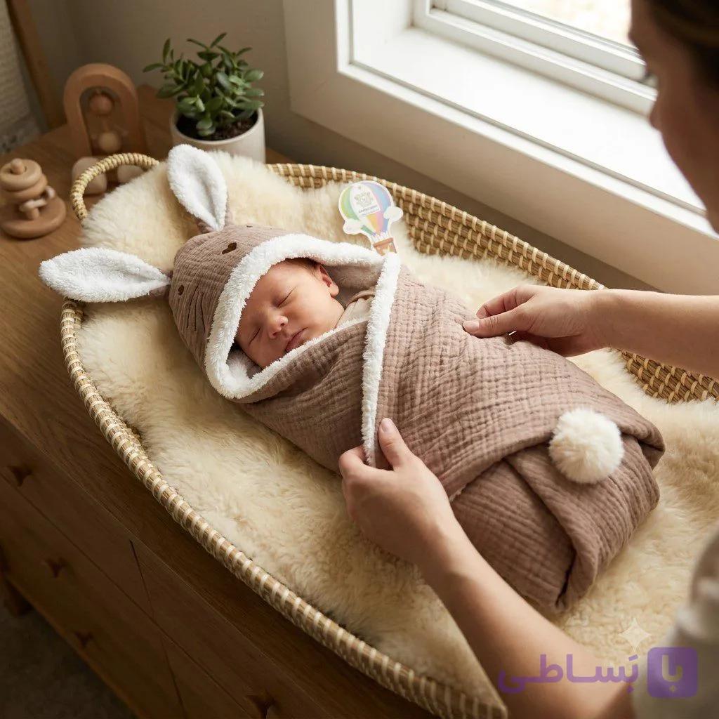 پتو دورپیچ خزدار نوزادی کوکوجم مدل خرگوش موسلین — تصویر 1