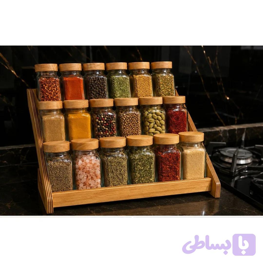 پک 18 تایی شیشه ادویه همراه استند چوبی