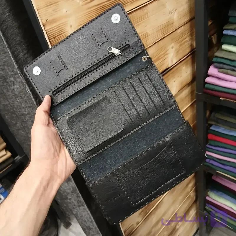 کیف پول و موبایل سه لت چرم صنعتی بند دار و جاکلیدی مشکی و قهوه ای زنانه و مردانه