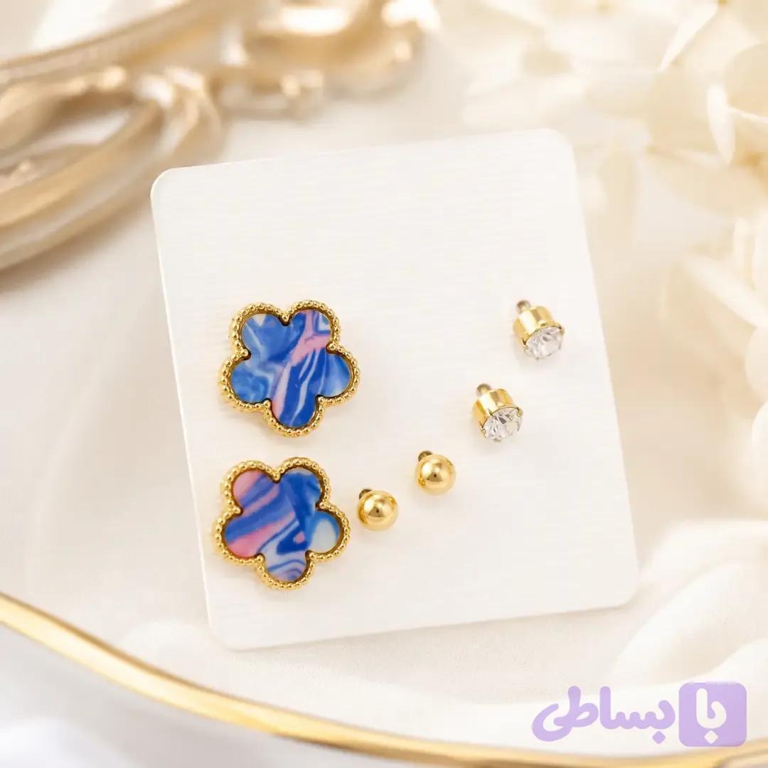 پک گوشواره ی ۶عددی (۳جفت ) طرح گل ماربل ون کلیف ونگین