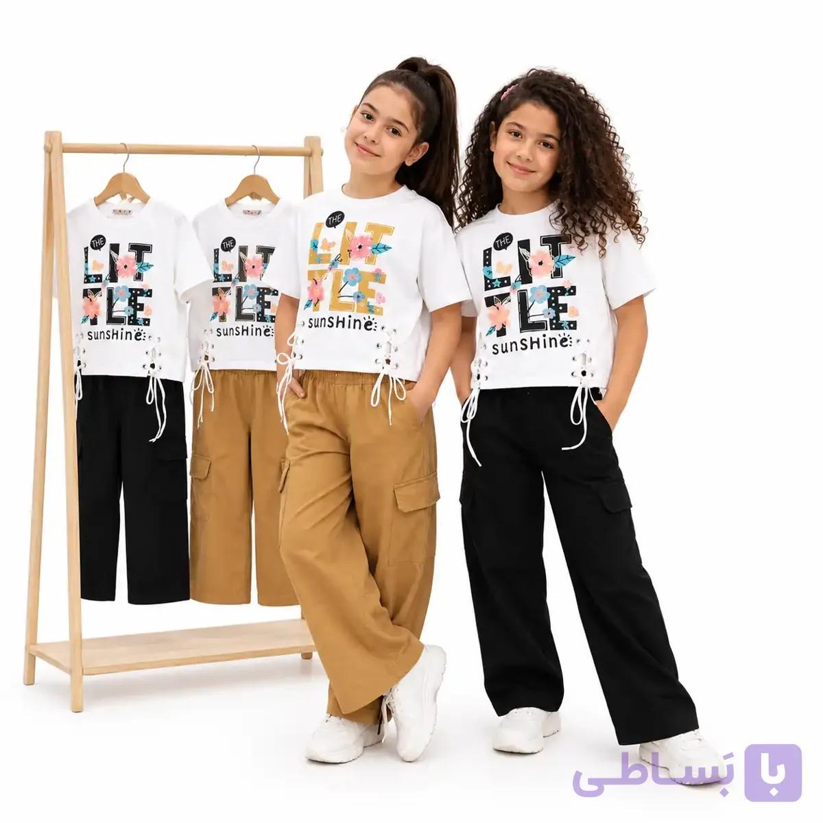 کراپ و شلوار دخترانه (جنس تیشرت پنبه لاکرا دار و شلوار لینن) LITTLE — تصویر 1