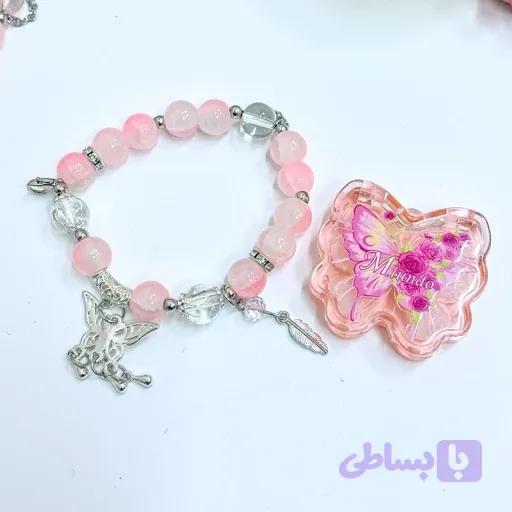 پرایمر عطر جیبی پینترستی پروانه و دستبند سنگ طرح رز کوارتز صورتی کیوت مروارید پرنسسی فانتزی کیوت دخترانه کادوهدیه تولد