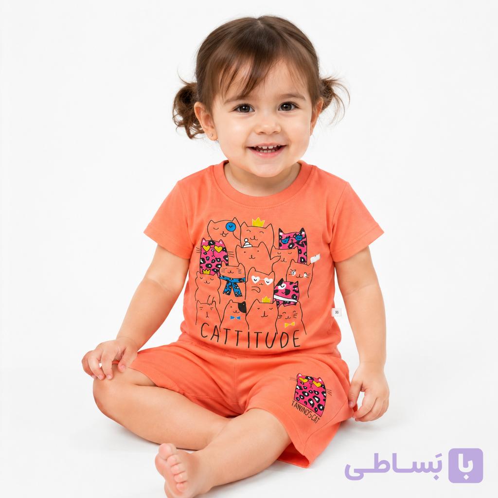 ست تیشرت و شلوارک بچگانه طرح گربه CATTITUDE - نارنجی