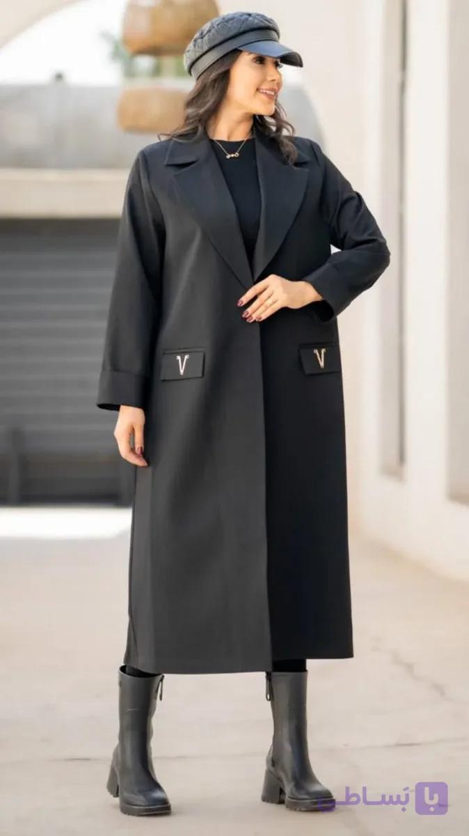مانتو بلند بزایاق یقه E جیب V  زنانه کد 129