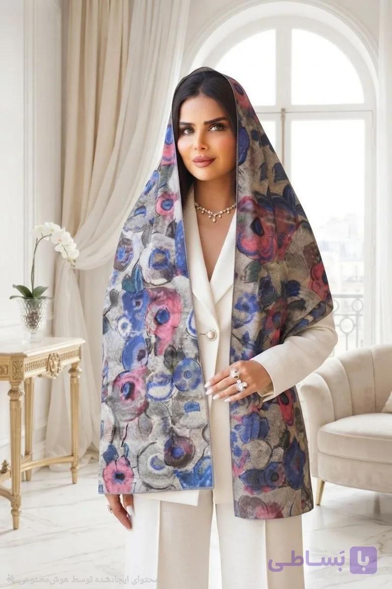 شال نخی چاپی آبرنگی طرح گل