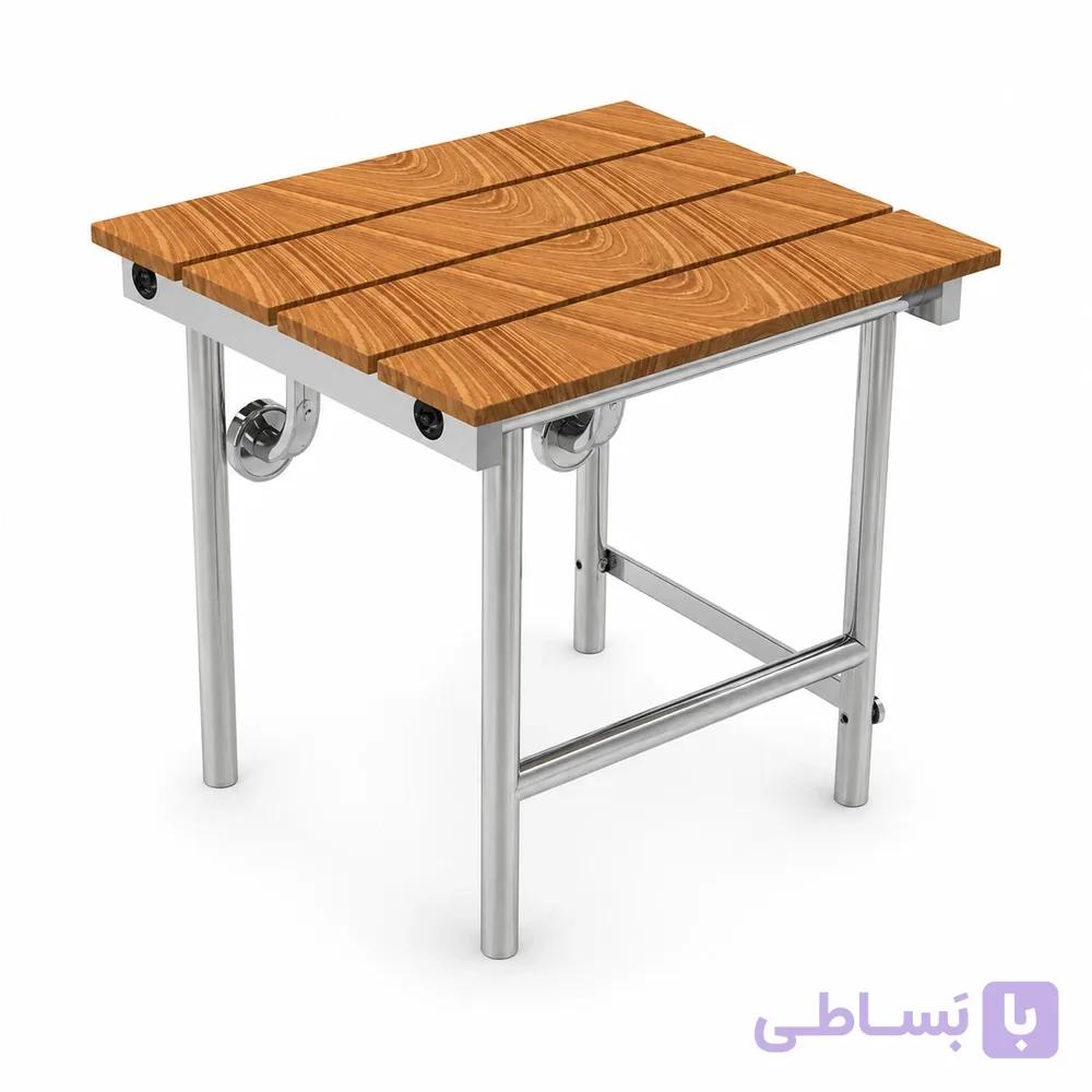 صندلی حمام تاشو دیواری پایه‌ دار استیل و چوب — تصویر 1
