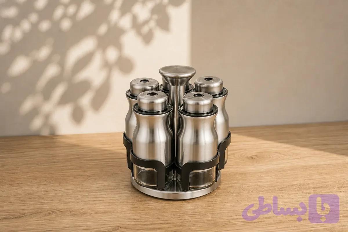ست ۶ عددی ادویه‌پاش استیل شیشه‌ای چرخان