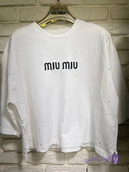 تیشرت باکسی میو میو سفید نگین دار