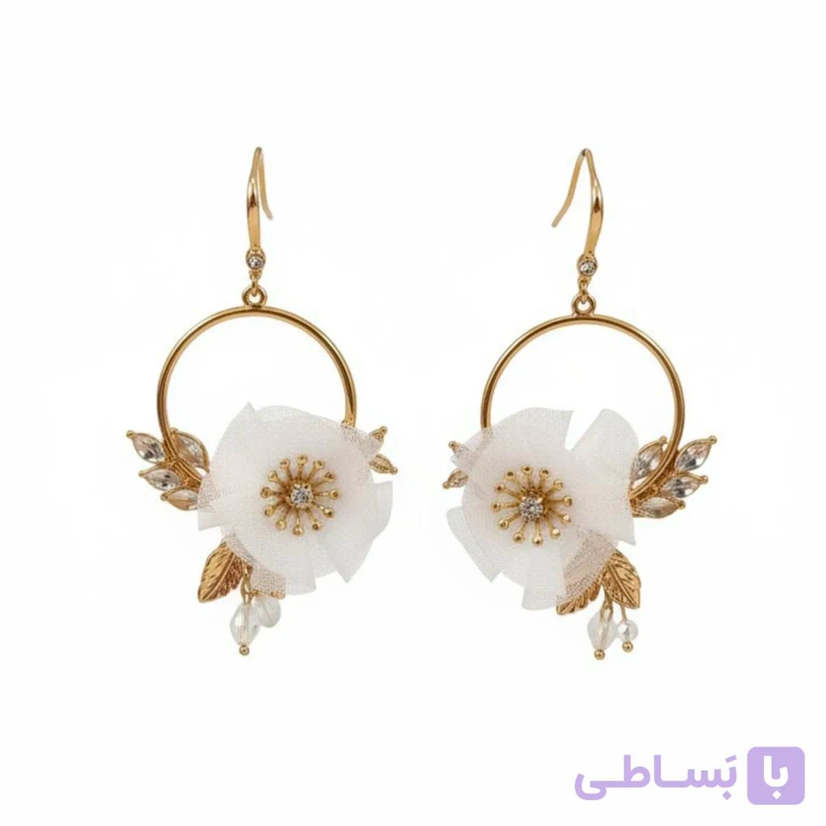 گوشواره زنانه گل پارچه ای نگین دار — تصویر 1