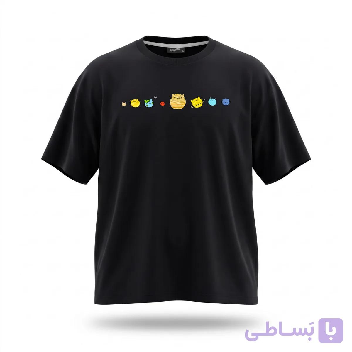 تیشرت مشکی طرح کهکشان راه گربه ای کد 73410 — تصویر 1