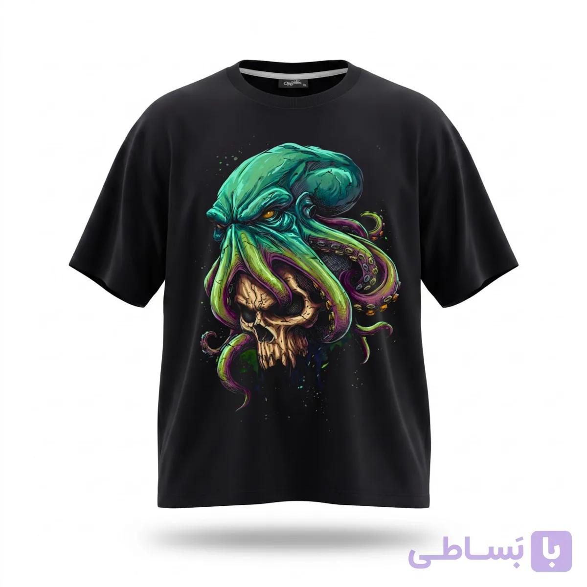 تیشرت مشکی طرح اسکلت و هشت پا کد 51689 — تصویر 1
