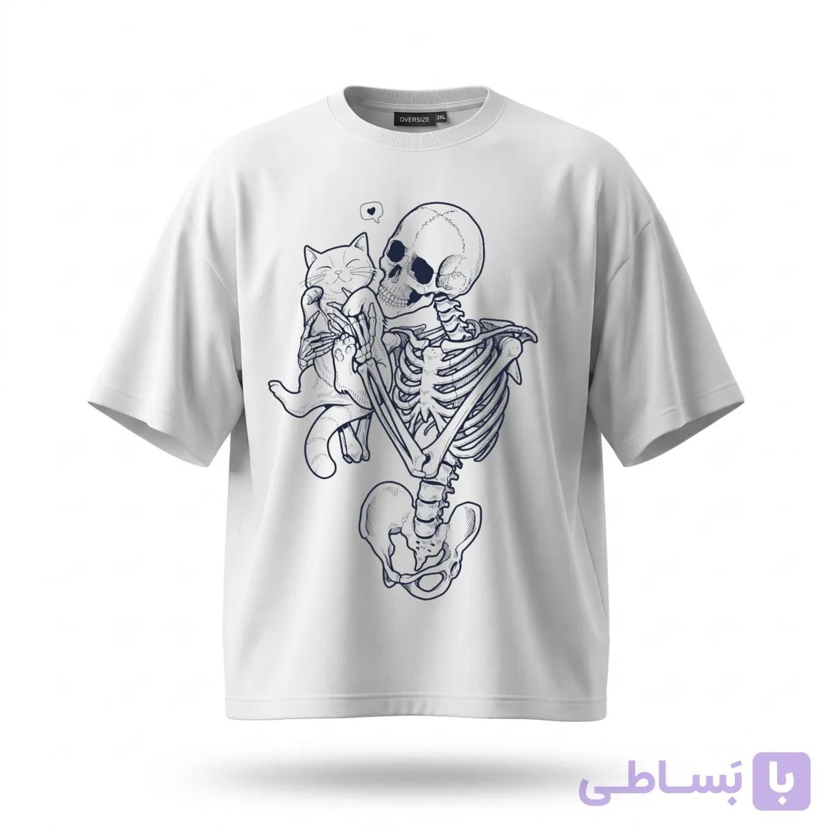 تیشرت سفید طرح اسکلت و گربه کد 77993 — تصویر 1