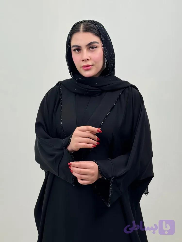 عبای جواهر دوزی تک رنگ مشکی جنس الیزه وارداتی