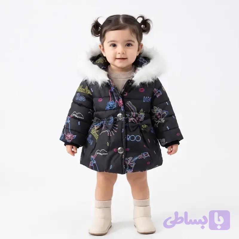 کاپشن دخترانه مشکی طرح دار داخل خز با شال گردن — تصویر 1