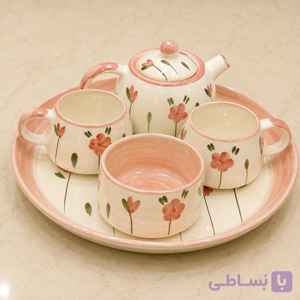 ست چایخوری دو نفره بدنه لاستر با نقاشی کار دست | طرح گل گلبهی