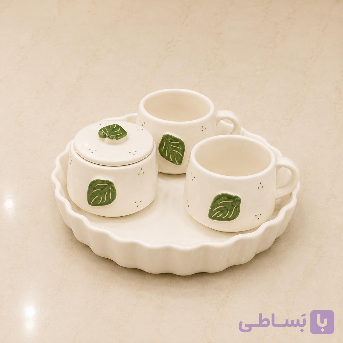 ست چای‌خوری دو نفره سرامیکی طرح برگ سبز | فنجان، ظرف درب‌دار و سینی